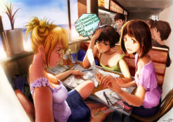Rule 34 | 2boys, 3girls, blonde hair, book, breasts, brown hair, calculus, cleavage, downblouse, drink, everyone, glasses, hand fan, large breasts, math, mcdonald&#039;s, medium breasts, multiple boys, multiple girls, ocean, paper fan, pen, pen spinning, product placement, restaurant, shiika sadamasa, short hair, studying, summer, sweat, uchiwa