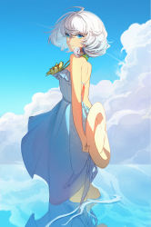 Rule 34 | 1girl, absurdres, blue dress, blue eyes, blue sky, closed mouth, cloud, cloudy sky, commentary, dress, flower, hair between eyes, hat, highres, holding, holding clothes, holding hat, honkai (series), honkai impact 3rd, kido p, looking at viewer, looking back, medium hair, ocean, outdoors, sky, sleeveless, sleeveless dress, smile, straw hat, summer, summer uniform, sundress, sunflower, swimsuit, theresa apocalypse, theresa apocalypse (valkyrie pledge), twintails, unworn hat, unworn headwear, wading, white hair