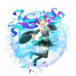 Rule 34 | 1girl, apapico, aqaqico, aqua eyes, black footwear, black thighhighs, boots, detached sleeves, floating hair, full body, hatsune miku, headset, highres, jumping, long hair, looking at viewer, multicolored hair, necktie, one eye closed, open mouth, skirt, smile, solo, thigh boots, thighhighs, twintails, very long hair, vocaloid, white background, zettai ryouiki