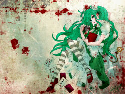 Rule 34 | 1girl, alice in wonderland, blood, blood splatter, book, bow, card, cup, dress, echowl, frilled dress, frills, green hair, hair bow, hatsune miku, hitobashira alice (vocaloid), holding, holding book, holding cup, knees up, long hair, looking at viewer, neck ribbon, open mouth, pantyhose, parted lips, pinafore dress, playing card, pocket watch, puffy short sleeves, puffy sleeves, ribbon, short sleeves, signature, sleeveless, sleeveless dress, solo, striped clothes, striped pantyhose, teacup, twintails, very long hair, vocaloid, watch