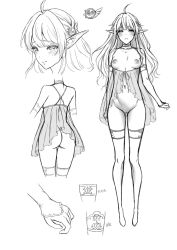 Rule 34 | 1girl, ahoge, ass, blush, breasts, character sheet, concept art, cowboy shot, elf, emma (usaginagomu), female focus, full body, gloves, hair ornament, hairpin, highres, monochrome, multiple views, navel, nipples, pointy ears, portrait, pussy, see-through, simple background, sketch, small breasts, standing, thighhighs, uncensored, usagi nagomu