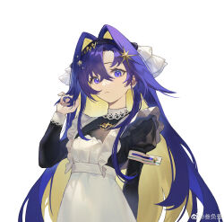 Rule 34 | 1girl, :&lt;, absurdres, adjusting hair, apron, black dress, black hairband, blonde hair, blue eyes, blue hair, colored inner hair, dress, frilled apron, frills, hair intakes, hair ornament, hairband, hand up, highres, juliet sleeves, long hair, long sleeves, looking at viewer, multicolored hair, puffy sleeves, reverse:1999, sanfuyi, school uniform, solo, soviet school uniform, star (symbol), star hair ornament, upper body, voyager (reverse:1999), weibo logo, weibo watermark, white apron, white background