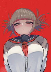 Rule 34 | 1girl, absurdres, arms behind back, bags under eyes, blonde hair, blue sailor collar, blunt bangs, blurry, blurry background, blush, boku no hero academia, breast focus, breasts, cardigan, closed mouth, double bun, hair bun, hair up, highres, large breasts, messy hair, narrowed eyes, neckerchief, red background, red neckerchief, sailor collar, school uniform, serafuku, sidelocks, simple background, solo, toga himiko, upper body, yellow cardigan, yellow eyes, zd (pixiv6210083)