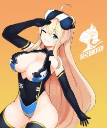 Rule 34 | 1girl, blonde hair, blue eyes, breasts, character name, cleavage, cleavage cutout, clothing cutout, elbow gloves, gloves, goggles, goggles on head, grin, hair between eyes, large breasts, last origin, leotard, long hair, one eye closed, harpyia (last origin), salute, sidelocks, simple background, sizeaton, sizeaton, skindentation, smile, solo, thighhighs, very long hair, yellow background