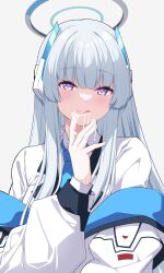 Rule 34 | 1girl, :q, \||/, absurdres, after fellatio, blue archive, blue necktie, blush, cum, cum in mouth, grey background, grey hair, halo, highres, jacket, long hair, looking at viewer, mechanical halo, necktie, noa (blue archive), purple eyes, reia 76, revision, simple background, smile, solo, tongue, tongue out, upper body, white hair, white jacket