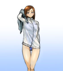 Rule 34 | 1girl, arm at side, arm behind head, arm up, blue background, blue one-piece swimsuit, blush, bob cut, breasts, brown eyes, brown hair, closed mouth, commentary, competition swimsuit, eizouken ni wa te wo dasu na!, feet out of frame, gradient background, henriiku (ahemaru), highleg, highleg swimsuit, holding, holding towel, inverted bob, jacket, jacket over swimsuit, long sleeves, looking at viewer, mizusaki tsubame, one-piece swimsuit, ribbed swimsuit, see-through, see-through jacket, short hair, small breasts, smile, smirk, solo, standing, swept bangs, swimsuit, thick eyebrows, thigh gap, thighs, towel, white jacket