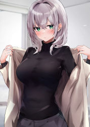 Rule 34 | 1girl, absurdres, black sweater, blush, breasts, brown jacket, closed mouth, commentary request, green eyes, hair between eyes, highres, hololive, indoors, jacket, large breasts, long sleeves, looking at viewer, medium hair, nanashinayuzu mochi, open clothes, open jacket, shirogane noel, sideways glance, silver hair, solo, sweater, turtleneck, turtleneck sweater, upper body, virtual youtuber