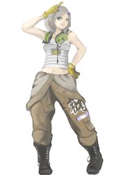 Rule 34 | 1girl, bad id, bad pixiv id, boots, brown eyes, clothes around waist, combat boots, ear protection, flower, gloves, hair flower, hair ornament, hand on own hip, headset, jumpsuit, kafe (bonbonrocks), long hair, metal gear (series), metal gear rising: revengeance, midriff, name tag, navel, pigeon-toed, salute, silver hair, solo, striped, sunny emmerich, tank top