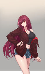 Rule 34 | 1girl, absurdres, alternate costume, blush, breasts, cleavage, fate/grand order, fate (series), gradient background, grey background, hair between eyes, hair intakes, hand on own hip, highres, large breasts, long hair, looking at viewer, purple hair, red eyes, scathach (fate), shijie jianfa, solo, thighs
