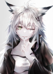 Rule 34 | 1girl, ;), animal ears, arknights, bandeau, black coat, black nails, breasts, cat ears, coat, collarbone, green eyes, hair between eyes, hair ornament, hairclip, highres, lappland (arknights), long hair, long sleeves, looking at viewer, medium breasts, nail polish, one eye closed, open clothes, open coat, open mouth, silver hair, smile, solo, tsukimiya (tsukinami15), upper body, white background, white bandeau