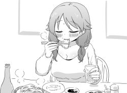 Rule 34 | 1girl, alcohol, beer, beer bottle, blush, breasts, chopsticks, cleavage, closed eyes, collarbone, cup, dumpling, eating, food, greyscale, holding, holding chopsticks, holding cup, idolmaster, idolmaster cinderella girls, jiaozi, katagiri sanae, large breasts, monochrome, nishino hikoji, on chair, short twintails, sitting, solo, soy sauce, steam, sweatdrop, twintails, upper body