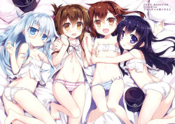 Rule 34 | 10s, 4girls, :d, :o, akatsuki (kancolle), anchor symbol, ass, babydoll, bandeau, bare shoulders, barefoot, blue eyes, blue hair, blush, bow, bow panties, breasts, brown eyes, brown hair, butt crack, cameltoe, dimples of venus, fang, flat cap, folded ponytail, fujima takuya, girl sandwich, hair ornament, hairclip, hat, hibiki (kancolle), highres, holding another&#039;s arm, holding hands, hug, ikazuchi (kancolle), inazuma (kancolle), kantai collection, long hair, looking at viewer, lying, multiple girls, navel, nipple slip, nipples, on back, on side, open mouth, panties, panty pull, pillow, purple eyes, purple hair, ribbon, sandwiched, scan, silver hair, small breasts, smile, strap slip, striped clothes, striped panties, trefoil, underwear, underwear only, unworn hat, unworn headwear, wavy mouth, white panties, yan-yam