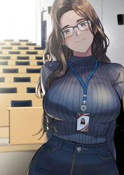 Rule 34 | 1girl, breasts, brown eyes, brown hair, commentary, denim, glasses, highres, id card, indoors, jeans, large breasts, light blush, light smile, long hair, looking at viewer, noah (pixiv), original, pants, ribbed sweater, solo, sweater, taut sweater, turtleneck, turtleneck sweater