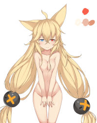Rule 34 | 1girl, 3:, absurdres, ahoge, animal ears, bad id, bad pixiv id, blonde hair, blue eyes, breasts, breasts squeezed together, color guide, covering privates, covering crotch, cowboy shot, g41 (girls&#039; frontline), girls&#039; frontline, hair between eyes, hair over breasts, hallohi, heterochromia, highres, long hair, low twintails, medium breasts, navel, no nipples, nude, red eyes, simple background, solo, twintails, very long hair, white background