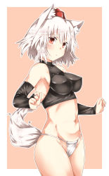 Rule 34 | 1girl, animal ears, black gloves, breasts, bridal gauntlets, cowboy shot, crop top, covered erect nipples, fundoshi, gloves, groin, hat, highres, inubashiri momiji, japanese clothes, kz oji, looking at viewer, medium breasts, navel, red eyes, solo, standing, tail, tokin hat, touhou, white hair, wolf ears, wolf tail
