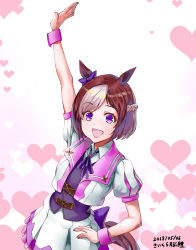 Rule 34 | 1girl, :d, animal ears, arm up, artist name, bow, brown hair, dated, ear ribbon, hand on own hip, heart, horse ears, horse girl, horse tail, multicolored hair, open mouth, puffy short sleeves, puffy sleeves, purple bow, purple eyes, purple ribbon, ribbon, saikura noushu, short hair, short sleeves, skirt, smile, solo, special week (umamusume), tail, two-tone hair, umamusume, wristband