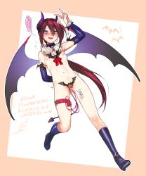 Rule 34 | 00s, 1girl, androgynous, bare legs, bat (animal), bat wings, blush, boots, breasts, censored, detached sleeves, fangs, frills, full body, heart, heart-shaped pupils, heart censor, highres, horns, lady bat, long hair, mermaid melody pichi pichi pitch, navel, nipples, ohisashiburi, open mouth, pointy ears, ponytail, purple eyes, red hair, ribbon, sex toy, simple background, slit pupils, small breasts, smile, solo, sweat, symbol-shaped pupils, tail, translated, v, vibrator, wings