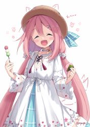 Rule 34 | 1girl, ^ ^, animal ears, blue eyes, blush stickers, cat ears, choker, closed eyes, drawn ears, drawn flower, dress, floral print, flower, flower (symbol), hair between eyes, hair ornament, hairclip, hairpin, hat, heart, highres, kagamihara nadeshiko, laughing, long hair, looking at viewer, low twintails, nyanya, open mouth, pink hair, plaid, scrunchie, see-through, shawl, simple background, solo, spoken heart, sun hat, tail, tail wagging, translated, twintails, twitter username, very long hair, white background, white choker, white dress, white flower, yurucamp