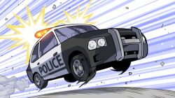 Rule 34 | 1girl, car, commentary, cornrows, driving, dust, flashing light, helltaker, kyo-hei (kyouhei), medium hair, motor vehicle, outdoors, police, police (helltaker), police car, solo, speed lines, symbol-only commentary, vehicle focus