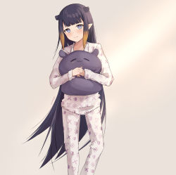 Rule 34 | 1girl, absurdres, alternate costume, animal ears, black hair, blue eyes, blunt bangs, blush, commentary, embarrassed, feet out of frame, gradient hair, hair down, highres, hololive, hololive english, jushoro, long hair, looking at viewer, multicolored hair, ninomae ina&#039;nis, no headwear, hugging object, orange hair, pajamas, pillow, pillow hug, pointy ears, sidelocks, solo, symbol-only commentary, takodachi (ninomae ina&#039;nis), tentacle hair, very long hair, virtual youtuber