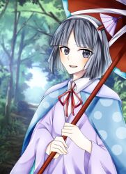 Rule 34 | 1other, amanomiya jun, androgynous, black eyes, black hair, blue cape, cape, collared shirt, commentary, day, forest, hairband, highres, holding, holding umbrella, l86haru68maki90, len&#039;en, long sleeves, looking at viewer, lower teeth only, nature, neck ribbon, open mouth, other focus, outdoors, polka dot, polka dot cape, purple sweater, red ribbon, ribbon, shirt, short hair, smile, solo, sweater, teeth, umbrella, umbrella hair ornament, upper body, white hairband, white shirt