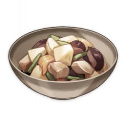 Rule 34 | artist request, beans, bowl, chicken (food), commentary, english commentary, food, food focus, game cg, genshin impact, lowres, mushroom, muted color, no humans, official art, simple background, still life, third-party source, transparent background, vegetable