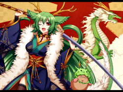 Rule 34 | &gt; &lt;, 1girl, animal ears, antlers, dragon, dragon girl, dragon tail, closed eyes, fang, fur trim, green hair, horns, japanese clothes, kimono, konshin, letterboxed, long hair, monster girl, new year, one eye closed, open mouth, original, red eyes, rising sun flag, smile, solo, sunburst, sword, tail, very long hair, weapon, wink