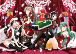 Rule 34 | 4girls, :d, animal costume, antlers, belt, belt buckle, black eyes, black footwear, black hair, bottle, box, brown eyes, brown hair, buckle, capelet, chikuma (kancolle), christmas, closed eyes, commentary request, fake facial hair, fake mustache, fur trim, gift, gift box, green eyes, green hair, hat, highres, holding, holding bottle, horns, kantai collection, kumano (kancolle), long hair, mittens, multiple girls, nacht (nacht 01), open mouth, pom pom (clothes), ponytail, reindeer antlers, reindeer costume, santa costume, santa hat, smile, suzuya (kancolle), tone (kancolle), tongue, tongue out, twintails
