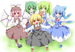 Rule 34 | 5girls, animal ears, antennae, bad id, bad pixiv id, blonde hair, blue eyes, blue hair, blush, cirno, daiyousei, dress, earrings, fueiku, green eyes, green hair, grin, hands on own hips, hat, jewelry, long hair, multiple girls, mystia lorelei, open mouth, outstretched arms, pink hair, red eyes, rumia, short hair, side ponytail, single earring, skirt, skirt set, smile, spread arms, team 9 (touhou), touhou, wings, wriggle nightbug