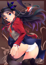 Rule 34 | 1girl, absurdres, ass, black hair, black skirt, black thighhighs, blue eyes, cekonikova, fate/stay night, fate (series), hair ribbon, highres, homurahara academy school uniform, jewelry, long hair, looking at viewer, necklace, open mouth, panties, ribbon, school uniform, skirt, solo, thighhighs, tohsaka rin, two side up, underwear, white panties