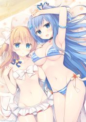 Rule 34 | 2girls, :d, :o, arm up, armlet, armpits, artist name, bare arms, bare legs, bare shoulders, bikini, bikini skirt, black neckwear, blonde hair, blue eyes, blue hair, blue ribbon, blush, bow, bow bikini, breasts, choker, cleavage, collarbone, emori el, emori miku, fingernails, flat chest, flower, frilled bikini, frills, from above, front-tie top, groin, hair bow, hair ribbon, hand on breast, hand on head, hand on own chest, hands up, heart, heart choker, highres, jewelry, large breasts, liver city, long fingernails, long hair, looking at viewer, lying, midriff, miko (royal milk), multiple girls, nail polish, navel, necklace, on back, open mouth, original, ribbon, side-tie bikini bottom, smile, stomach, striped bikini, striped clothes, swimsuit, thighhighs, underboob, white bikini, white bow, white ribbon, yellow nails