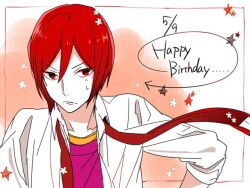 Rule 34 | 1boy, closed mouth, collared shirt, commentary request, dated, double-parted bangs, hagiwara daisuke, happy birthday, hori-san to miyamura-kun, long sleeves, looking at viewer, necktie, red eyes, red hair, red necktie, sengoku kakeru, shirt, short hair, solo, star (symbol), undone necktie, upper body, white shirt