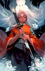Rule 34 | 1girl, black background, closed eyes, commentary, english commentary, facial mark, flower, flower request, forehead, forehead mark, holding, holding sword, holding weapon, japanese clothes, katana, kimono, lips, long hair, nima (ross tran), orange kimono, original, parted bangs, ross tran, solo, sword, thread, weapon, white flower, white hair, wide sleeves