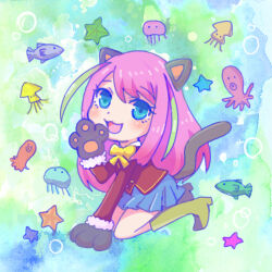 Rule 34 | 1girl, animal ears, animal hands, blue eyes, blue skirt, blush, boots, bow, cat ears, cat girl, cat paws, cat tail, eyelashes, green footwear, hashimoto nyaa, high heel boots, high heels, highres, jacket, jellyfish, kapitann, long hair, long sleeves, multicolored hair, octopus, open mouth, osomatsu-san, pink hair, pleated skirt, red jacket, skirt, solo, squid, starfish, streaked hair, tail