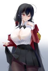 Rule 34 | 1girl, absurdres, ahoge, azur lane, bespectacled, black bow, black bowtie, black hair, black jacket, black pantyhose, black skirt, bow, bowtie, breasts, clothes lift, collared shirt, double-parted bangs, dress shirt, fine fabric emphasis, finger to mouth, glasses, hair between eyes, highres, index finger raised, jacket, large breasts, long hair, long sleeves, looking at viewer, miniskirt, no bra, official alternate costume, panties, panties under pantyhose, pantyhose, partially unbuttoned, pleated skirt, red eyes, red jacket, shirt, skirt, skirt lift, solo, taihou (azur lane), taihou (sweet time after school) (azur lane), underwear, white shirt, zqqqq71