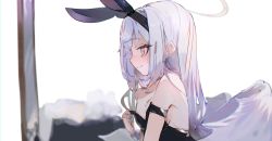 Rule 34 | 1girl, animal ears, azusa (blue archive), bare shoulders, black hairband, black leotard, blue archive, blush, closed mouth, collarbone, commentary request, fake animal ears, feathered wings, grey hair, hairband, halo, hand up, highres, leotard, long hair, nose blush, playboy bunny, profile, rabbit ears, solo, strapless, strapless leotard, sweat, tota (sizukurubiks), upper body, very long hair, white wings, wings, wrist cuffs