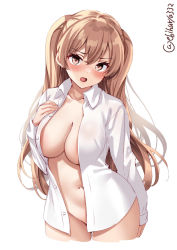 Rule 34 | 1girl, blush, breasts, brown eyes, collarbone, convenient censoring, cowboy shot, ebifurya, hair between eyes, highres, johnston (kancolle), kantai collection, large breasts, light brown hair, long hair, long sleeves, looking at viewer, naked shirt, open clothes, open mouth, open shirt, partially undressed, shirt, simple background, solo, twitter username, two side up, white background, white shirt
