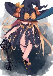 Rule 34 | 1girl, abigail williams (fate), abigail williams (second ascension) (fate), asymmetrical legwear, black legwear, black panties, blonde hair, bow, breasts, closed mouth, commentary request, dutch angle, fate/grand order, fate (series), from above, hat, hat bow, hat over one eye, highres, key, long hair, looking at viewer, panties, rahanachi, red eyes, revealing clothes, small breasts, solo, standing, stuffed animal, stuffed toy, teddy bear, underwear, uneven legwear, witch hat