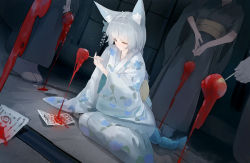 Rule 34 | 4girls, animal ears, aqua hair, candy apple, closed mouth, commentary request, fishofthelakes, floral print, food, gradient hair, grey hair, hair ornament, highres, holding, indoors, japanese clothes, kimono, long hair, long sleeves, melting, multicolored hair, multiple girls, obi, original, paper, sash, sitting, solo focus, tatami, very long hair, wide sleeves, yellow eyes, yukata