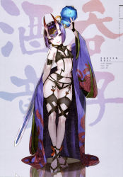 Rule 34 | 1girl, absurdres, breasts, bridal gauntlets, character name, fate/grand order, fate (series), full body, garter belt, garter straps, highres, horns, japanese clothes, jewelry, looking at viewer, navel, nekometaru, oni, open mouth, purple eyes, purple hair, reflection, scan, short hair, shuten douji (fate), simple background, skin-covered horns, small breasts, smile, solo, standing, stomach, toes, underwear