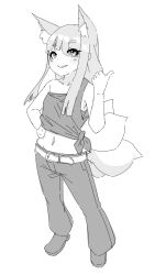Rule 34 | 1girl, animal ear fluff, animal ears, bare arms, bare shoulders, blush, crop top, fox ears, fox girl, fox tail, greyscale, hand on own hip, hand up, highres, kitsune, kuro kosyou, long hair, monochrome, navel, original, pants, parted lips, pointing, shoes, simple background, single strap, smile, solo, standing, tail, white background