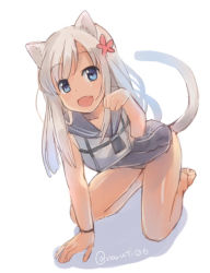 Rule 34 | 10s, 1girl, :d, animal ears, arm support, barefoot, blue eyes, fang, flower, hair flower, hair ornament, kantai collection, kneeling, long hair, looking at viewer, naruse chisato, open mouth, paw pose, ro-500 (kancolle), school swimsuit, sketch, smile, solo, swimsuit, tail, tan