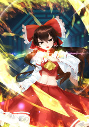 Rule 34 | 1girl, armpits, ascot, bad id, bad pixiv id, bagua, bare shoulders, between fingers, bow, brown hair, detached sleeves, gohei, hair bow, hair tubes, hakurei reimu, highres, holding, light particles, long hair, looking at viewer, lowleg, lowleg skirt, midriff, motion blur, navel, ofuda, open mouth, qys3, ribbon-trimmed sleeves, ribbon trim, sidelocks, skirt, skirt set, solo, touhou, trigram, yellow eyes