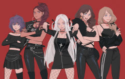 Rule 34 | 5girls, alternate costume, alternate hairstyle, bare shoulders, belt, belt buckle, bernadetta von varley, black belt, black bow, black dress, black jacket, black pants, black ribbon, black shirt, blouse, bow, breasts, brown hair, buckle, chain, collarbone, commentary, cross, cross necklace, crossed arms, dorothea arnault, dress, ear piercing, earrings, edelgard von hresvelg, english commentary, facial mark, fire emblem, fire emblem: three houses, fishnet legwear, fishnets, forehead, fur shawl, goth fashion, green eyes, hair between eyes, hair bow, hair ribbon, high ponytail, hoop earrings, huangdanlan, jacket, jacket partially removed, jewelry, lips, lipstick, long hair, long sleeves, looking at viewer, makeup, mercedes von martritz, multiple girls, necklace, nintendo, open mouth, pants, petra macneary, piercing, pointing, pointing down, ponytail, purple eyes, purple hair, red background, ribbon, shawl, shirt, short hair, short sleeves, side ponytail, sidelocks, simple background, smile, teeth, white hair