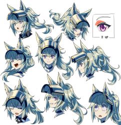 Rule 34 | 1girl, ;d, absurdres, animal ears, arknights, black collar, clenched teeth, collar, expressions, feimao (angelcat), grani (arknights), grey hair, grin, highres, horse ears, horse girl, infection monitor (arknights), long hair, multiple views, one eye closed, open mouth, ponytail, portrait, purple eyes, simple background, smile, teeth, visor (armor), visor lift, white background, wide-eyed