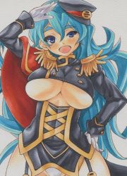 Rule 34 | 1girl, aqua hair, blue eyes, breasts, clothing cutout, epaulettes, eyebrows, garter straps, gloves, groin, hand on own hip, hat, highres, imagawa yoshimoto (sengoku collection), large breasts, military, military uniform, open mouth, panties, salute, sengoku collection, simple background, smile, solo, traditional media, underboob, underboob cutout, underwear, uneven eyes, uniform, white background, white panties, yutakasan-love