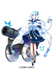 Rule 34 | 1girl, black gloves, blue eyes, blue hair, braid, bug, butterfly, cannon, full body, gloves, hair ornament, insect, long hair, long skirt, looking at viewer, oshiro project:re, pleated skirt, ririkuto, skirt, solo, standing, twin braids, twintails, white background, wide sleeves