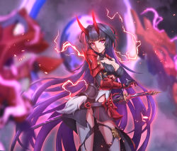 Rule 34 | 1girl, ahoge, armor, blurry, blurry background, blurry foreground, breasts, chund, cleavage, closed mouth, disembodied hand, electricity, highres, holding, holding sword, holding weapon, honkai (series), honkai impact 3rd, horns, japanese armor, katana, long hair, looking at viewer, purple eyes, purple hair, raiden mei, raiden mei (herrscher of thunder), sheath, sheathed, solo, sword, thighhighs, weapon, white thighhighs
