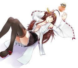 Rule 34 | 10s, 1girl, ahoge, armpits, black thighhighs, blush, boots, breasts, brown hair, cleavage, cup, closed eyes, hair bun, headgear, highres, kantai collection, knees up, kongou (kancolle), long hair, lying, makkori, nontraditional miko, on back, personification, ribbon-trimmed sleeves, ribbon trim, single hair bun, sleeping, solo, spill, tea, teacup, thigh boots, thighhighs, transparent background
