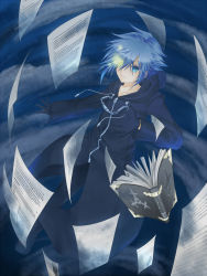 Rule 34 | 1boy, black coat (kingdom hearts), blue eyes, blue hair, book, byouna, cloak, gloves, hair over one eye, highres, kingdom hearts, male focus, matching hair/eyes, pages, solo, zexion